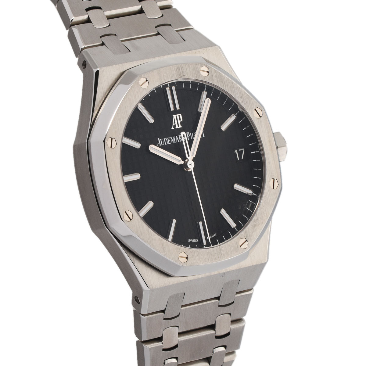 関税負担なし スイス製 高級 · 15500ST.OO.1220ST.03 メンズ SS 腕時計 自動巻き 黒文字盤 Aランク 正規新品未開封 銀蔵